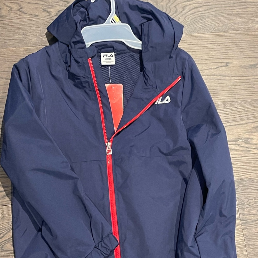 Fila Blue and Red Raincoat with Hood and Water-Resistant Fabric
